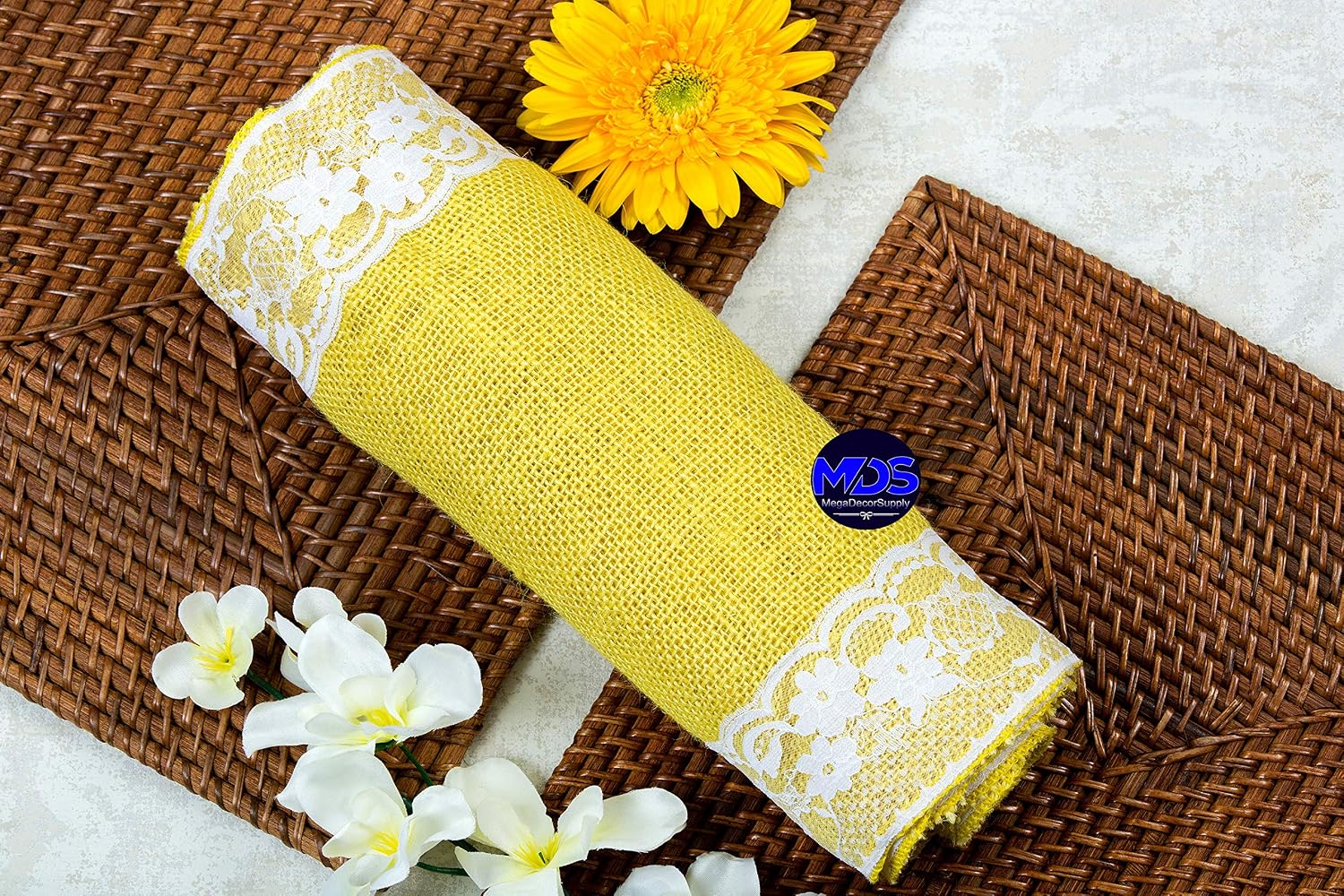 MDS Pack of 15 Wedding 12 x 108 inch Burlap Lace Hessian Table Runner Rustic Yellow Jute Country Vintage for Wedding Banquet Decoration – Yellow Lace Jute Burlap