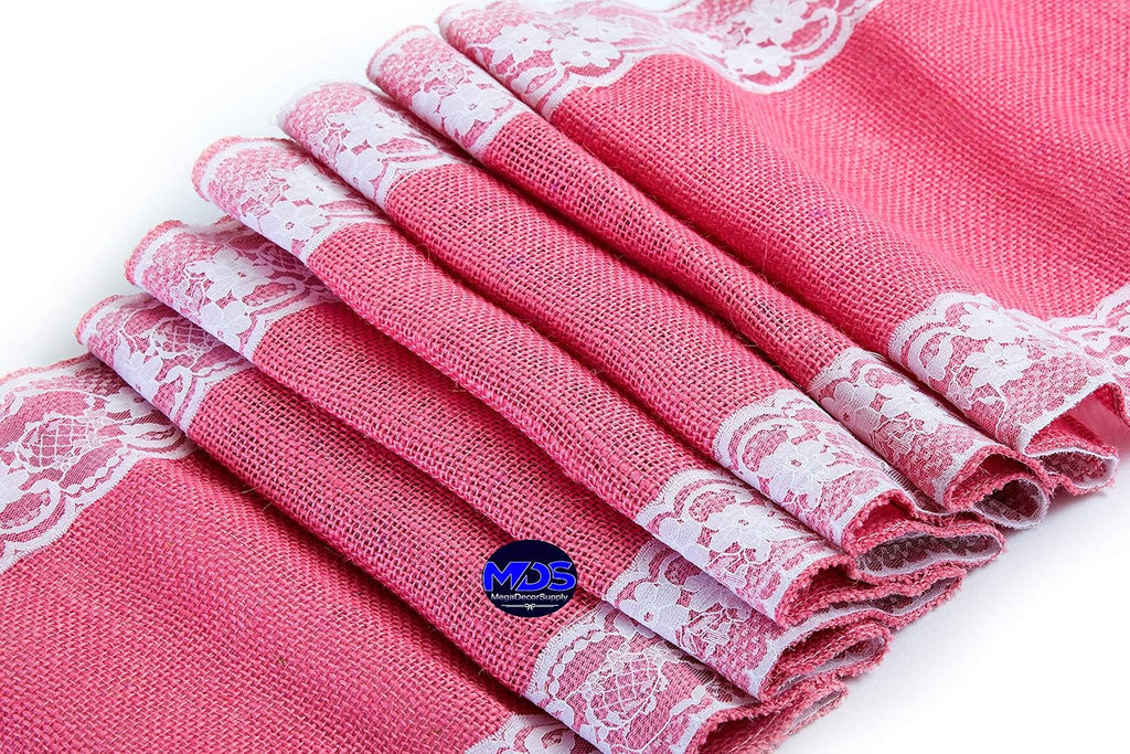 MDS Pack of 15 Wedding 12 x 108 inch Burlap Lace Hessian Table Runner Rustic Pink Jute Country Vintage for Wedding Banquet Decoration – Pink Lace Jute Burlap
