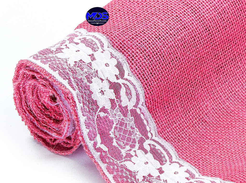 MDS Pack of 15 Wedding 12 x 108 inch Burlap Lace Hessian Table Runner Rustic Pink Jute Country Vintage for Wedding Banquet Decoration – Pink Lace Jute Burlap