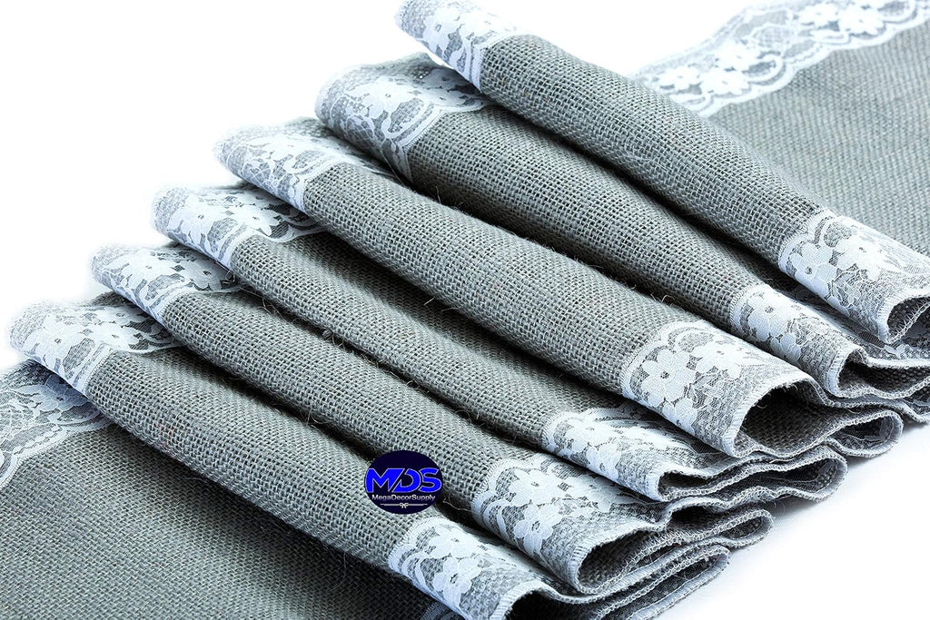 MDS Pack of 20 Wedding 12 x 108 inch Burlap Lace Hessian Table Runner Rustic Silver Gray Jute Country Vintage for Wedding Banquet Decoration – Silver Gray Lace Jute Burlap