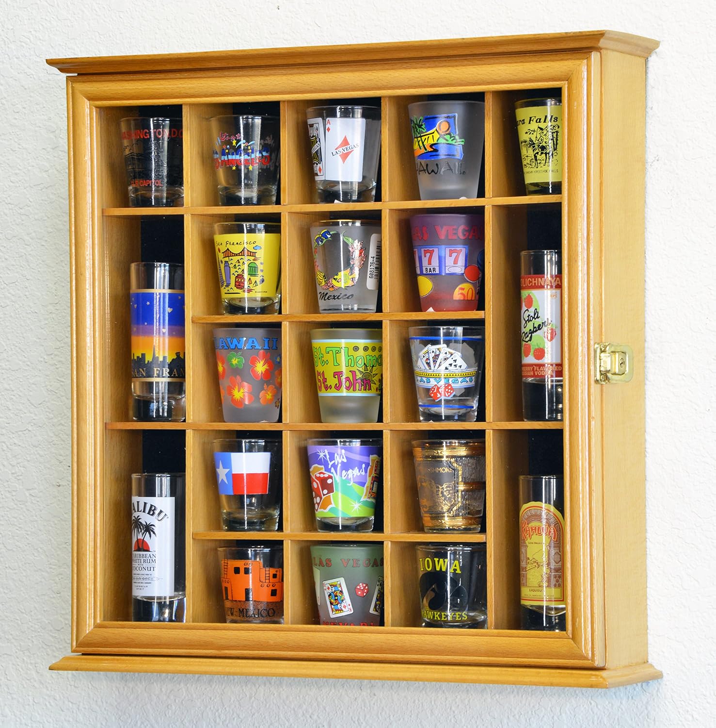 sfDisplay.com,LLC. 21 Shot Glass Shotglass Shooter Display Case Holder Cabinet Wall Rack 98% UV Lockable