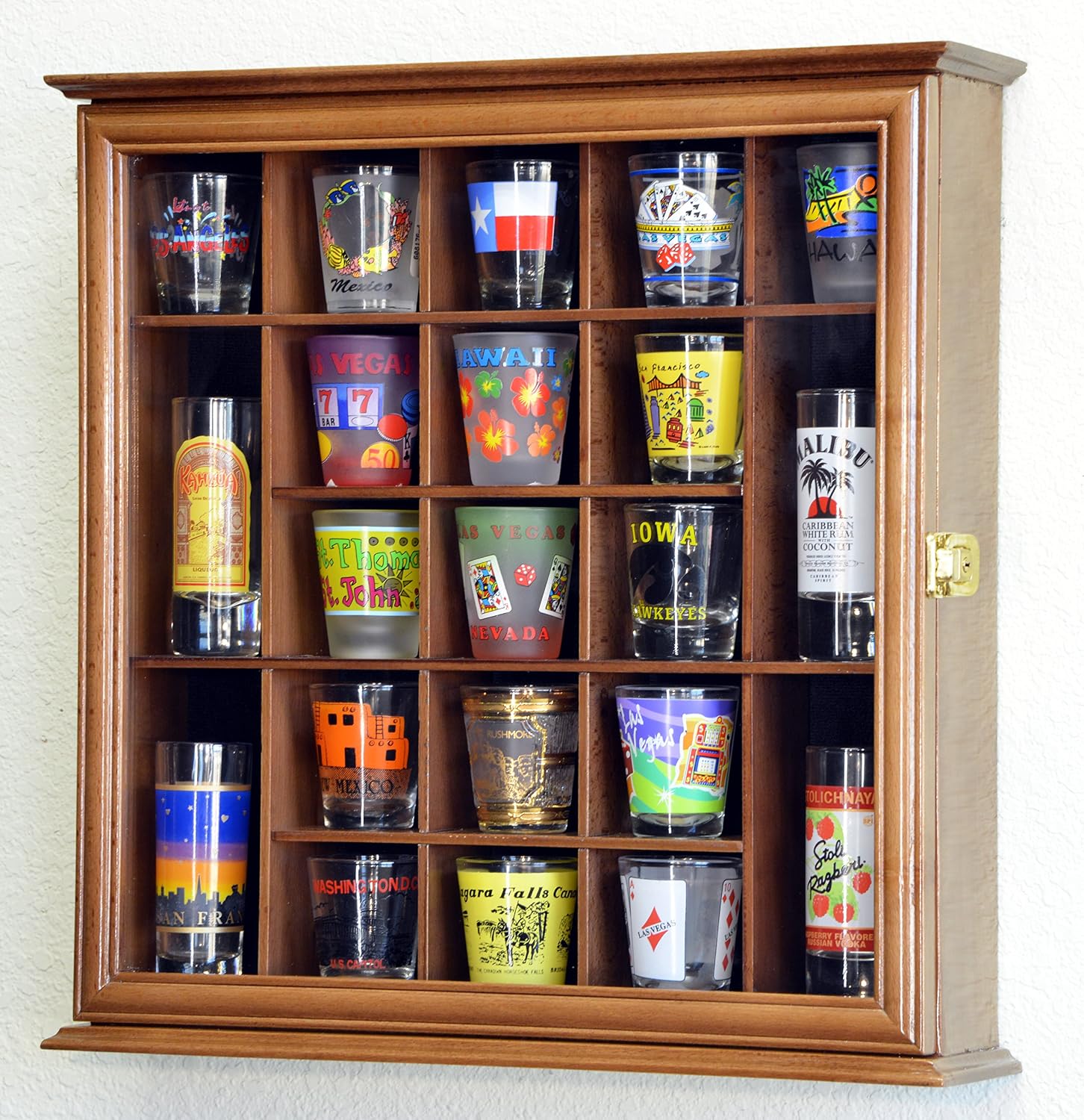 sfDisplay.com,LLC. 21 Shot Glass Shotglass Shooter Display Case Holder Cabinet Wall Rack 98% UV Lockable