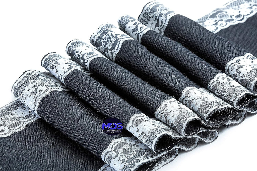 MDS Pack of 20 Wedding 12 x 108 inch Burlap Lace Hessian Table Runner Rustic Black Jute Country Vintage for Wedding Banquet Decoration – Black Lace Jute Burlap