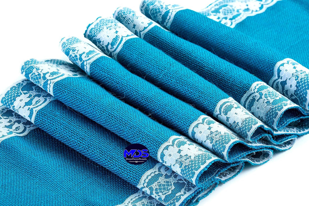 MDS Pack of 20 Wedding 12 x 108 inch Burlap Lace Hessian Table Runner Rustic Dark Teal Jute Country Vintage for Wedding Banquet Decoration – Dark Teal Lace Jute Burlap