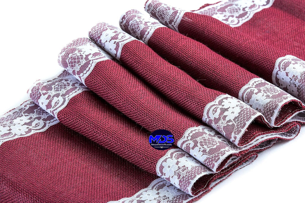 MDS Pack of 15 Wedding 12 x 108 inch Burlap Lace Hessian Table Runner Rustic Maroon Jute Country Vintage for Wedding Banquet Decoration – Maroon Lace Jute Burlap