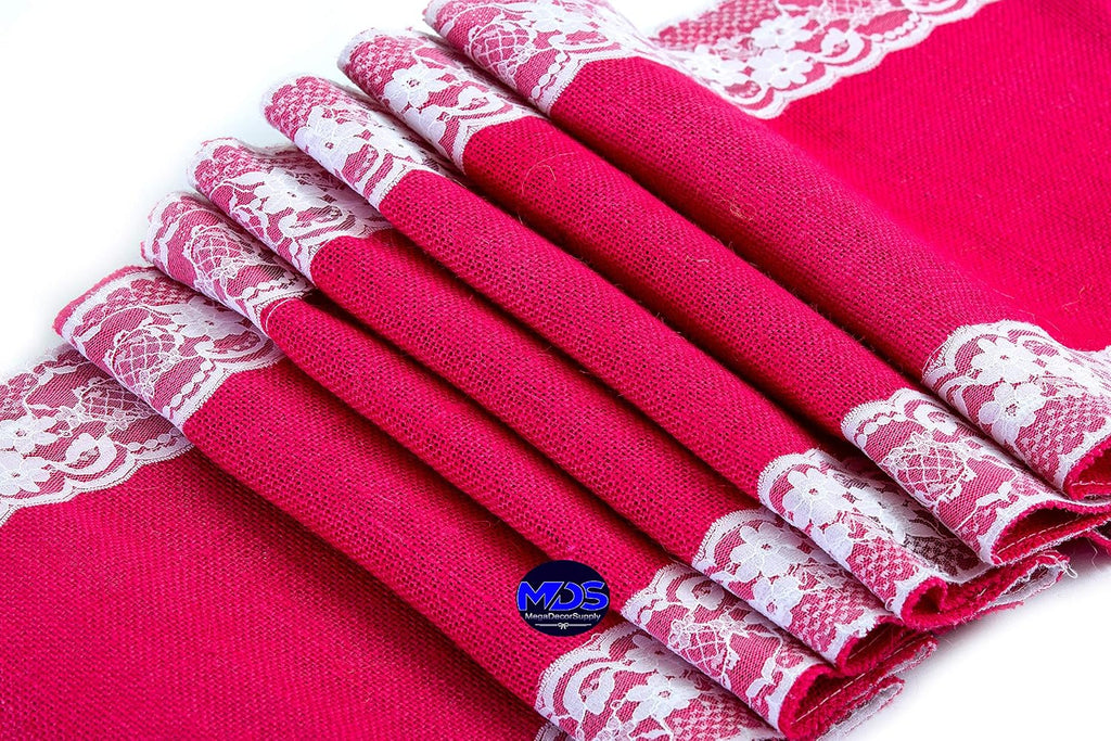 MDS Pack of 20 Wedding 12 x 108 inch Burlap Lace Hessian Table Runner Rustic Magenta Jute Country Vintage for Wedding Banquet Decoration – Magenta Lace Jute Burlap