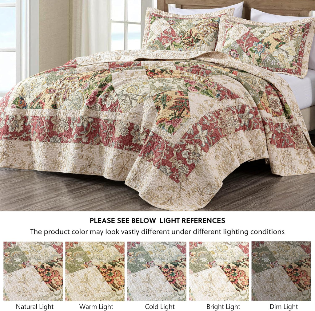 Chezmoi Collection Lunaria 3-Piece Washed Patchwork Cotton Quilt Set - Soft Lightweight Breathable Reversible Floral Quilted Bedspread for All Seasons. King Size