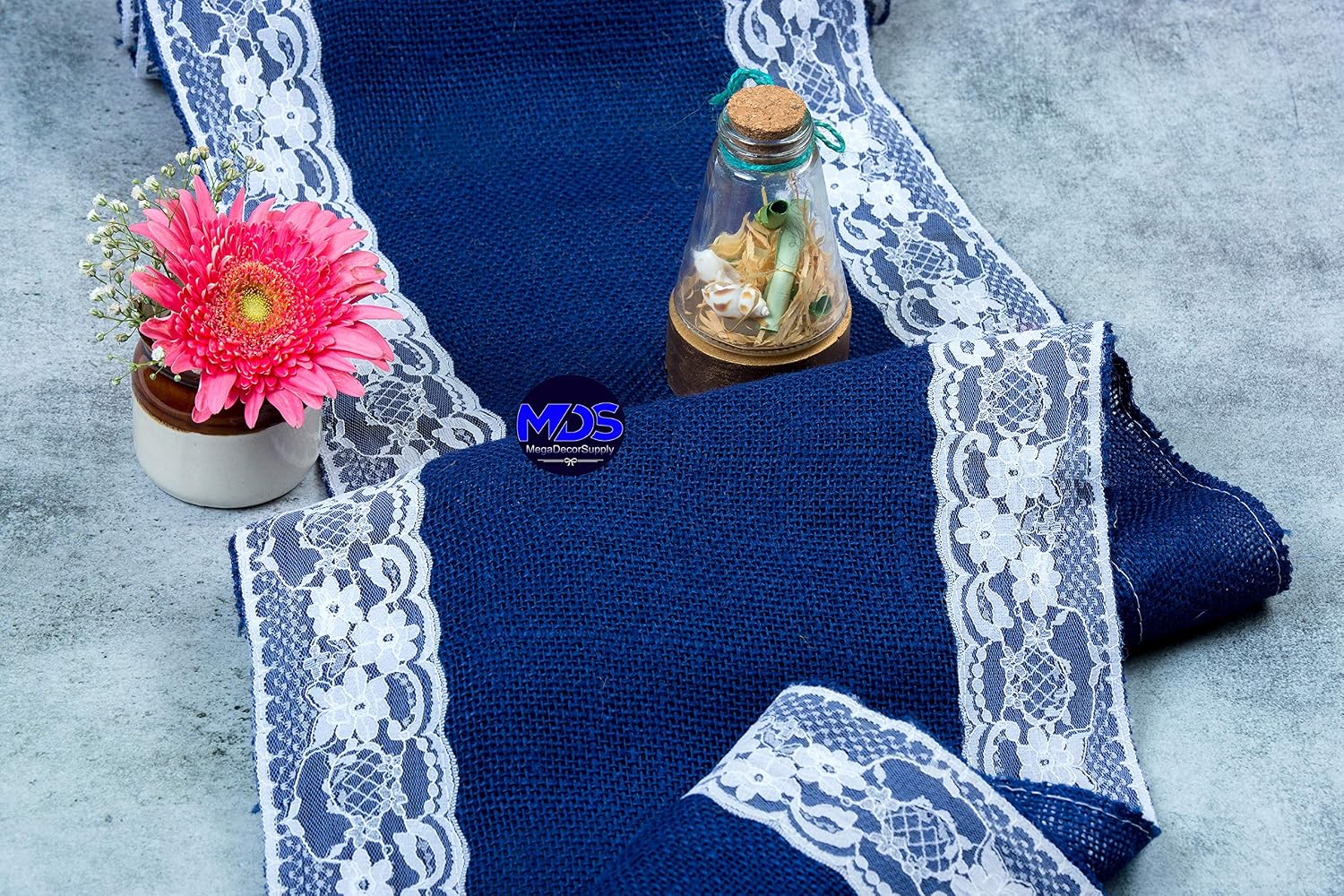 MDS Pack of 15 Wedding 12 x 108 inch Burlap Lace Hessian Table Runner Rustic Royal Blue Jute Country Vintage for Wedding Banquet Decoration – Royal Blue Lace Jute Burlap
