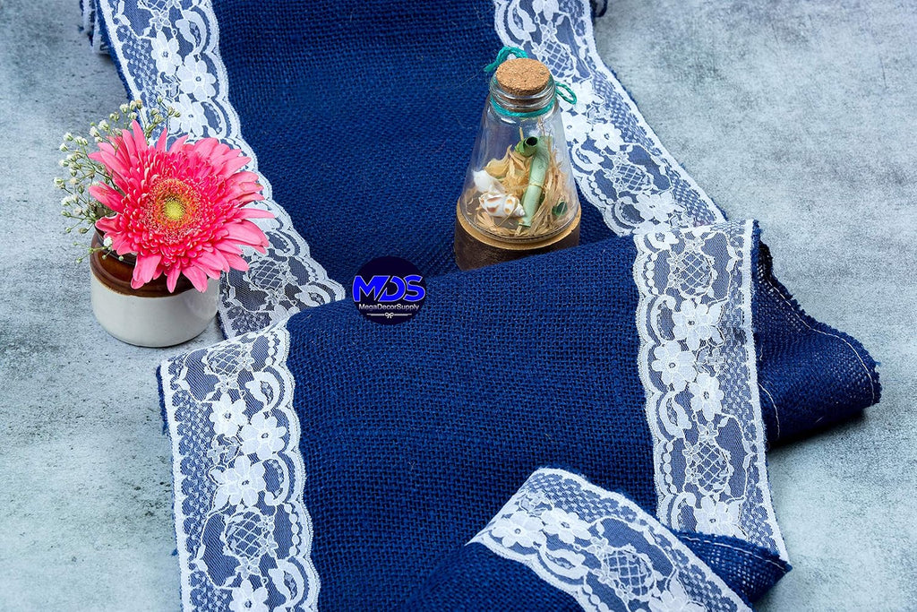 MDS Pack of 20 Wedding 12 x 108 inch Burlap Lace Hessian Table Runner Rustic Royal Blue Jute Country Vintage for Wedding Banquet Decoration – Royal Blue Lace Jute Burlap
