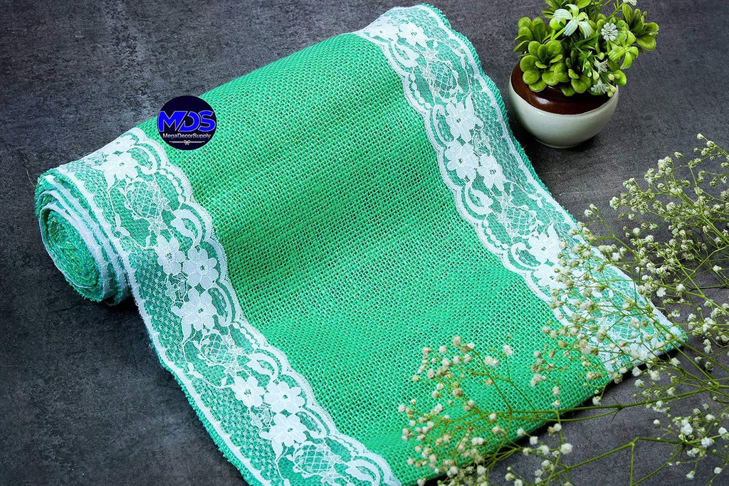 MDS Pack of 15 Wedding 12 x 108 inch Burlap Lace Hessian Table Runner Rustic Mint Jute Country Vintage for Wedding Banquet Decoration – Mint Lace Jute Burlap