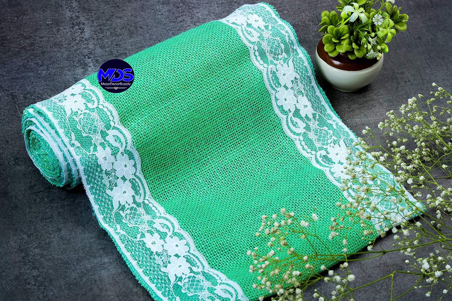 MDS Pack of 15 Wedding 12 x 108 inch Burlap Lace Hessian Table Runner Rustic Mint Jute Country Vintage for Wedding Banquet Decoration – Mint Lace Jute Burlap