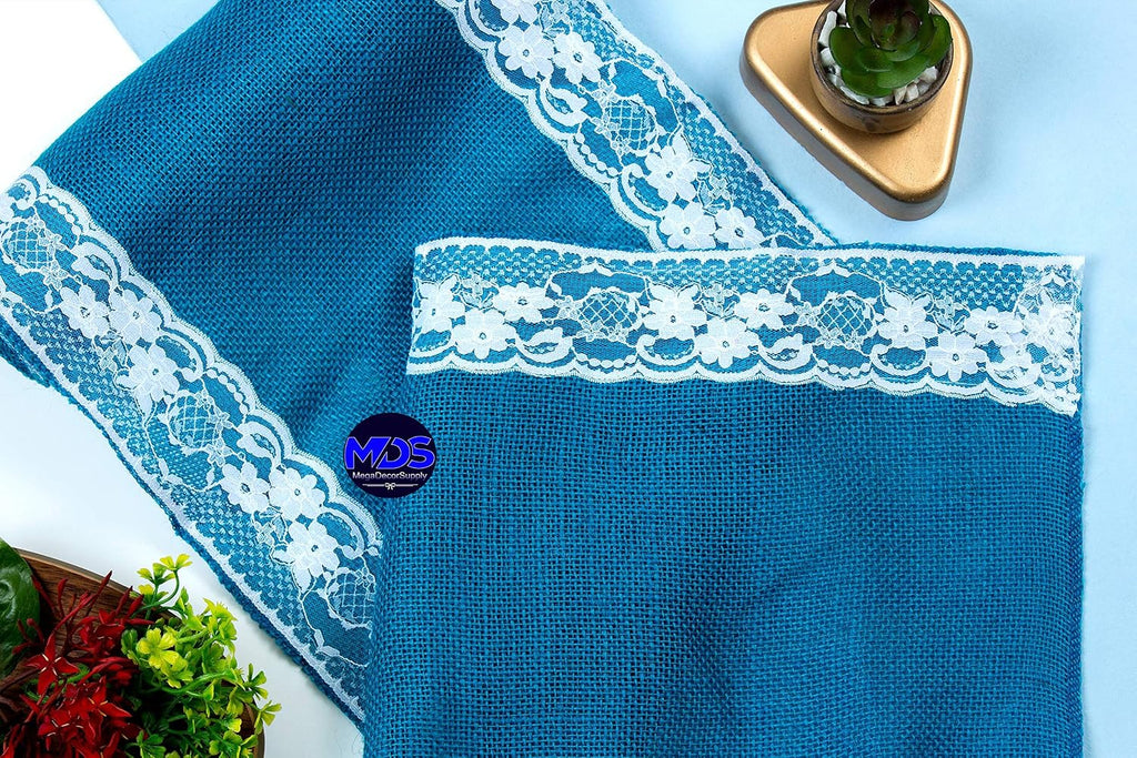 MDS Pack of 20 Wedding 12 x 108 inch Burlap Lace Hessian Table Runner Rustic Dark Teal Jute Country Vintage for Wedding Banquet Decoration – Dark Teal Lace Jute Burlap