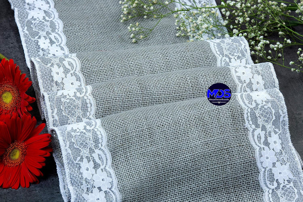 MDS Pack of 20 Wedding 12 x 108 inch Burlap Lace Hessian Table Runner Rustic Silver Gray Jute Country Vintage for Wedding Banquet Decoration – Silver Gray Lace Jute Burlap