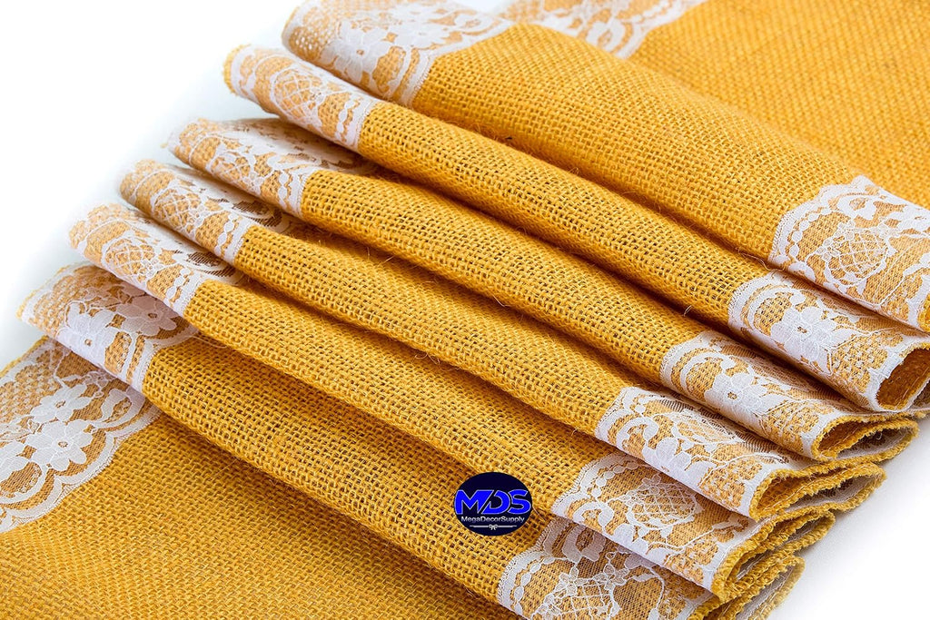 MDS Pack of 15 Wedding 12 x 108 inch Burlap Lace Hessian Table Runner Rustic Gold Jute Country Vintage for Wedding Banquet Decoration – Gold Lace Jute Burlap