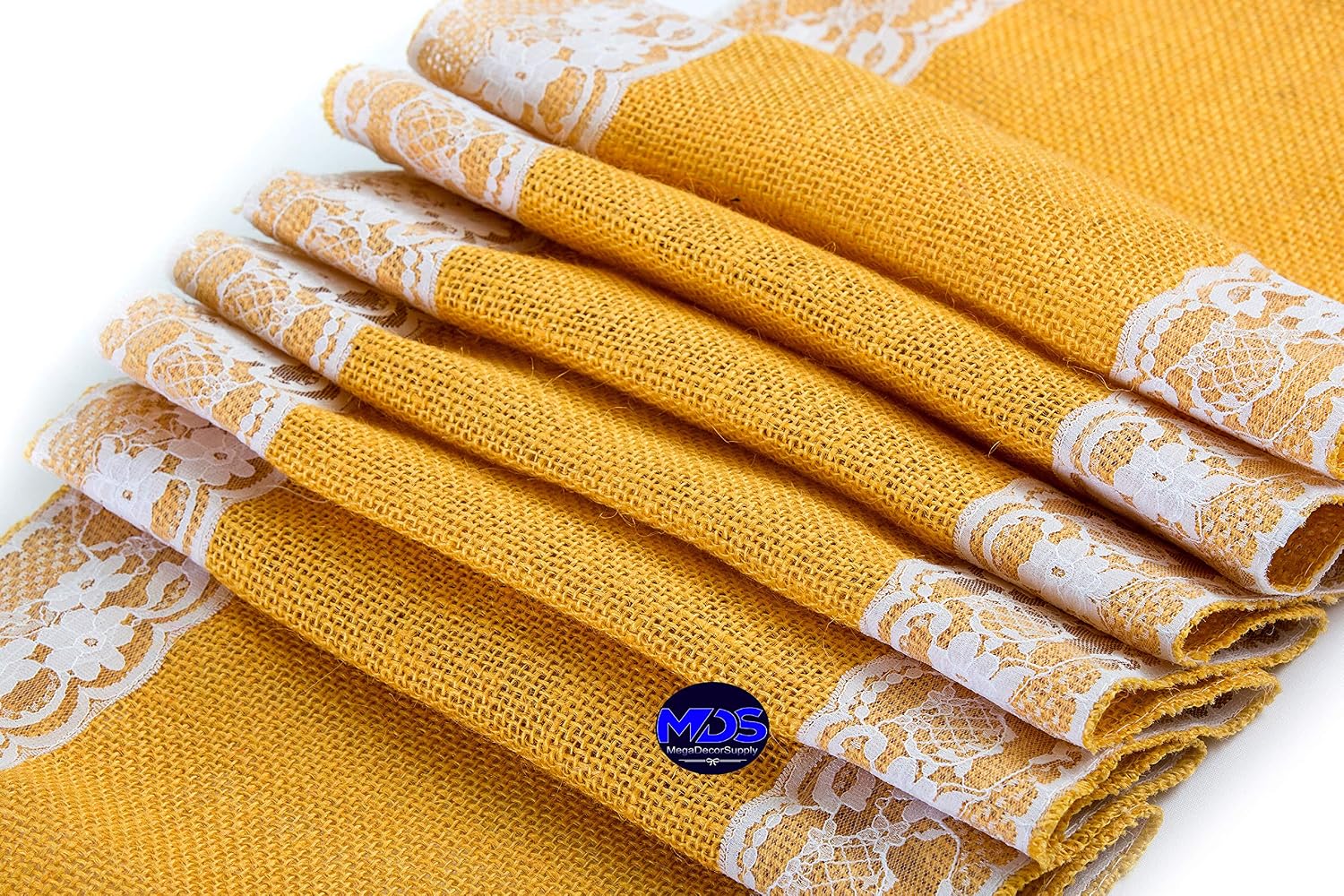 MDS Pack of 15 Wedding 12 x 108 inch Burlap Lace Hessian Table Runner Rustic Gold Jute Country Vintage for Wedding Banquet Decoration – Gold Lace Jute Burlap