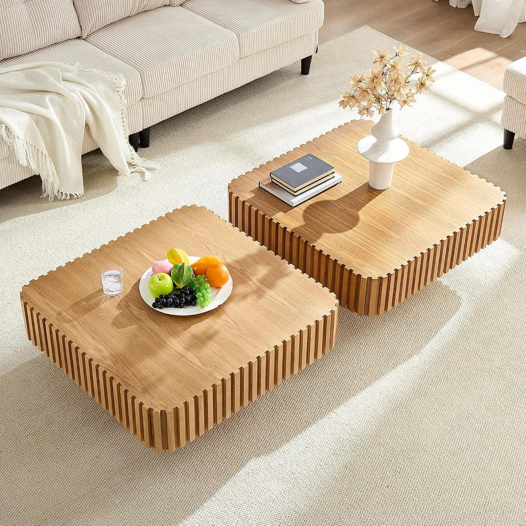 31.49'' Square Coffee Table Set of 2 for Living Room, Modern Wood Drum Pedestal Flute Embossment Coffee Table, Easy Assembly (Natural, 2-Pcs)