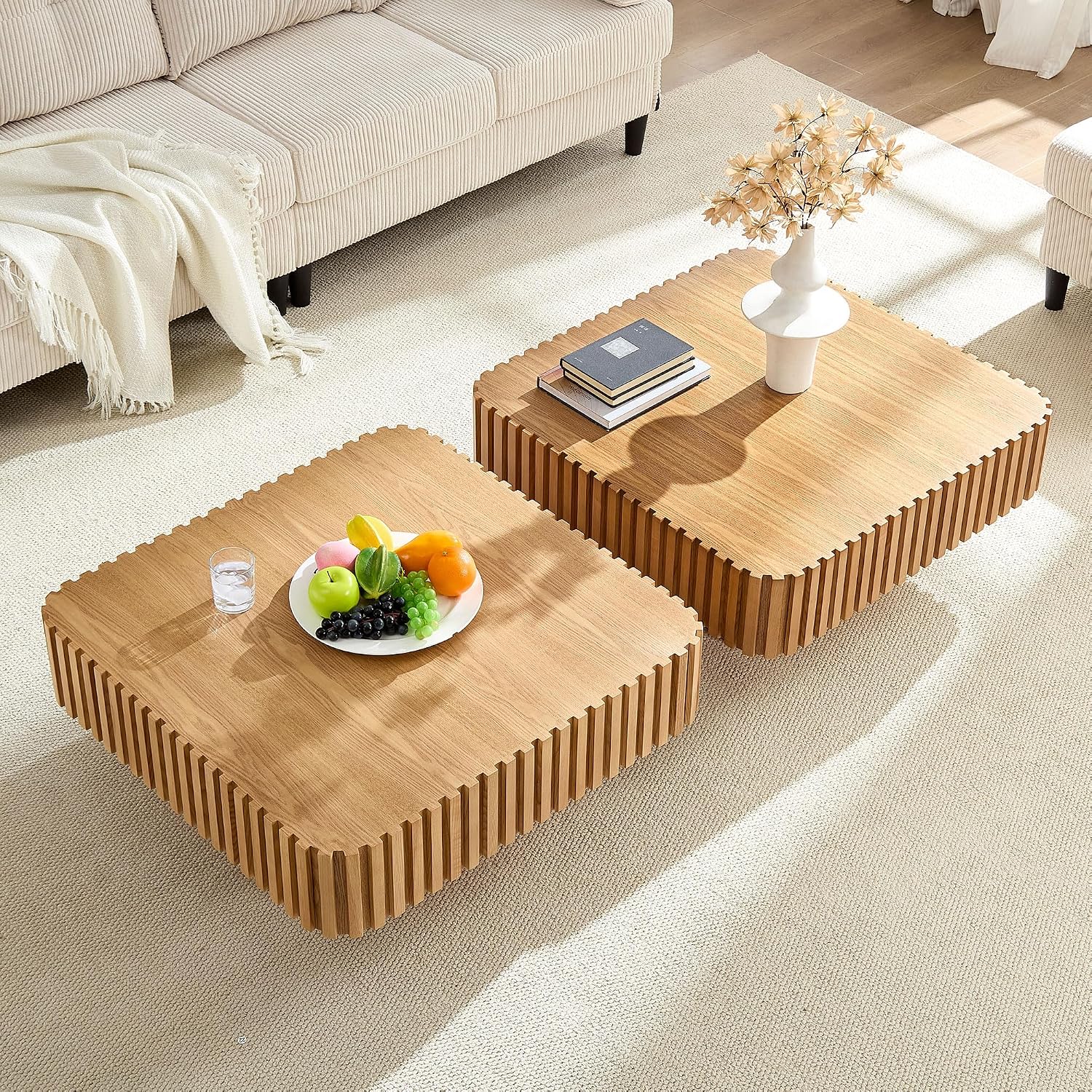 31.49'' Square Coffee Table Set of 2 for Living Room, Modern Wood Drum Pedestal Flute Embossment Coffee Table, Easy Assembly (Natural, 2-Pcs)