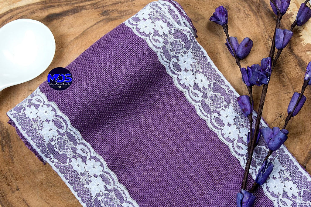 MDS Pack of 15 Wedding 12 x 108 inch Burlap Lace Hessian Table Runner Rustic Lavender Jute Country Vintage for Wedding Banquet Decoration – Lavender Lace Jute Burlap