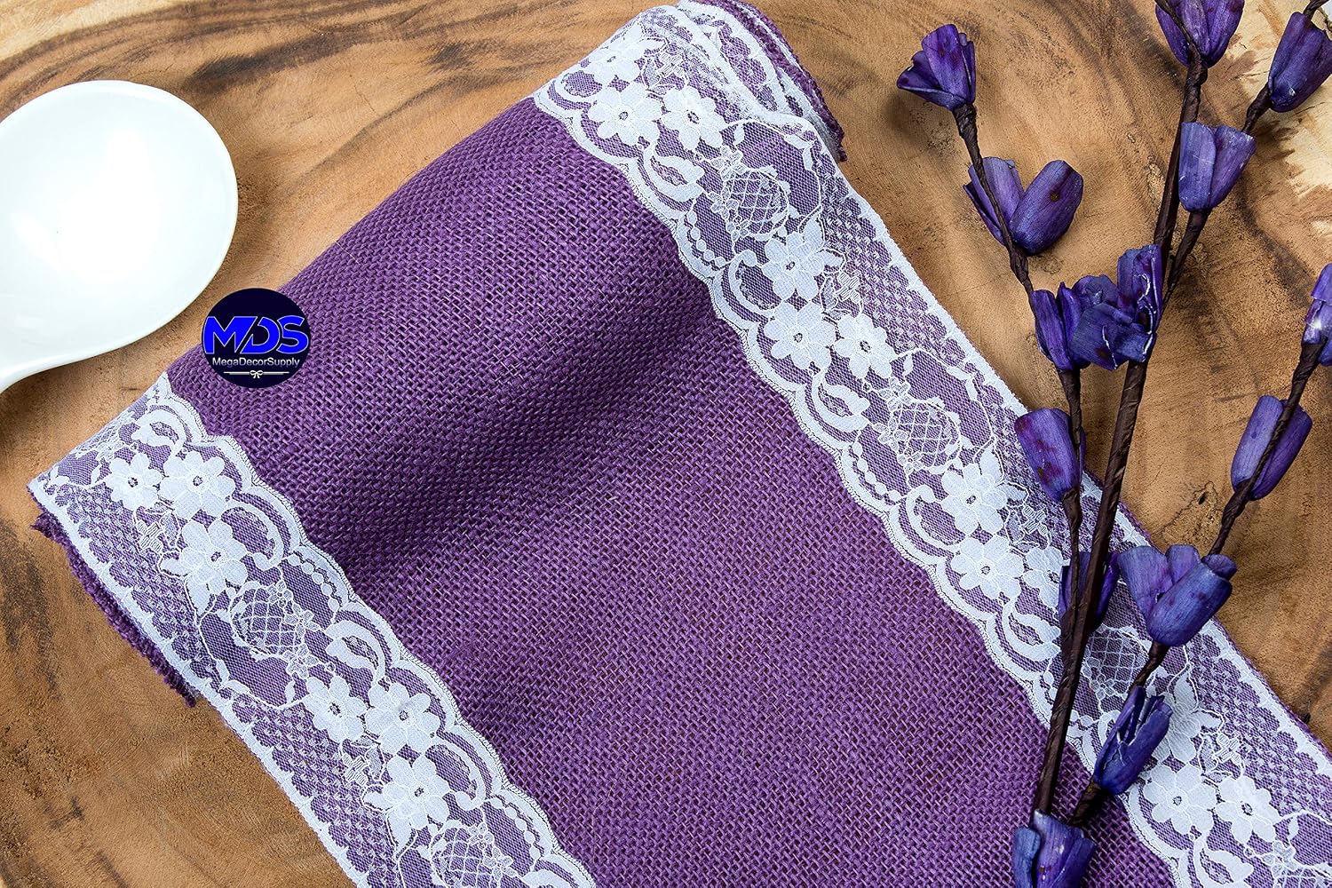 MDS Pack of 20 Wedding 12 x 108 inch Burlap Lace Hessian Table Runner Rustic Lavender Jute Country Vintage for Wedding Banquet Decoration – Lavender Lace Jute Burlap
