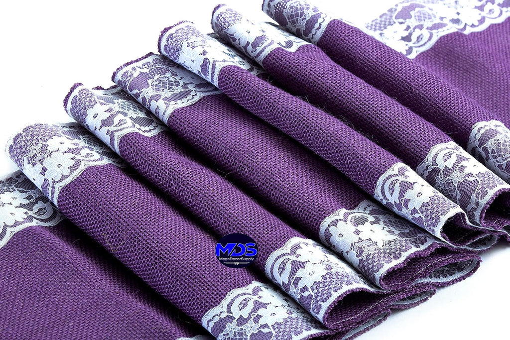 MDS Pack of 15 Wedding 12 x 108 inch Burlap Lace Hessian Table Runner Rustic Lavender Jute Country Vintage for Wedding Banquet Decoration – Lavender Lace Jute Burlap