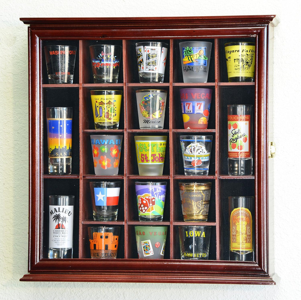 sfDisplay.com,LLC. 21 Shot Glass Shotglass Shooter Display Case Holder Cabinet Wall Rack 98% UV Lockable