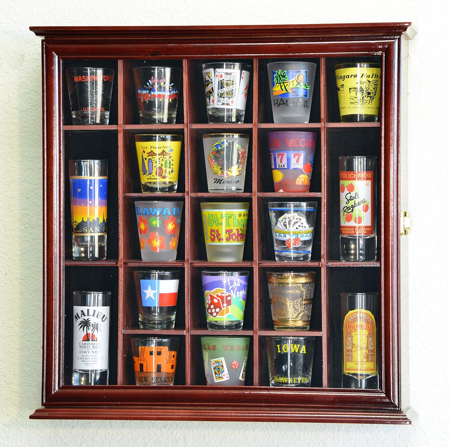 sfDisplay.com,LLC. 21 Shot Glass Shotglass Shooter Display Case Holder Cabinet Wall Rack 98% UV Lockable